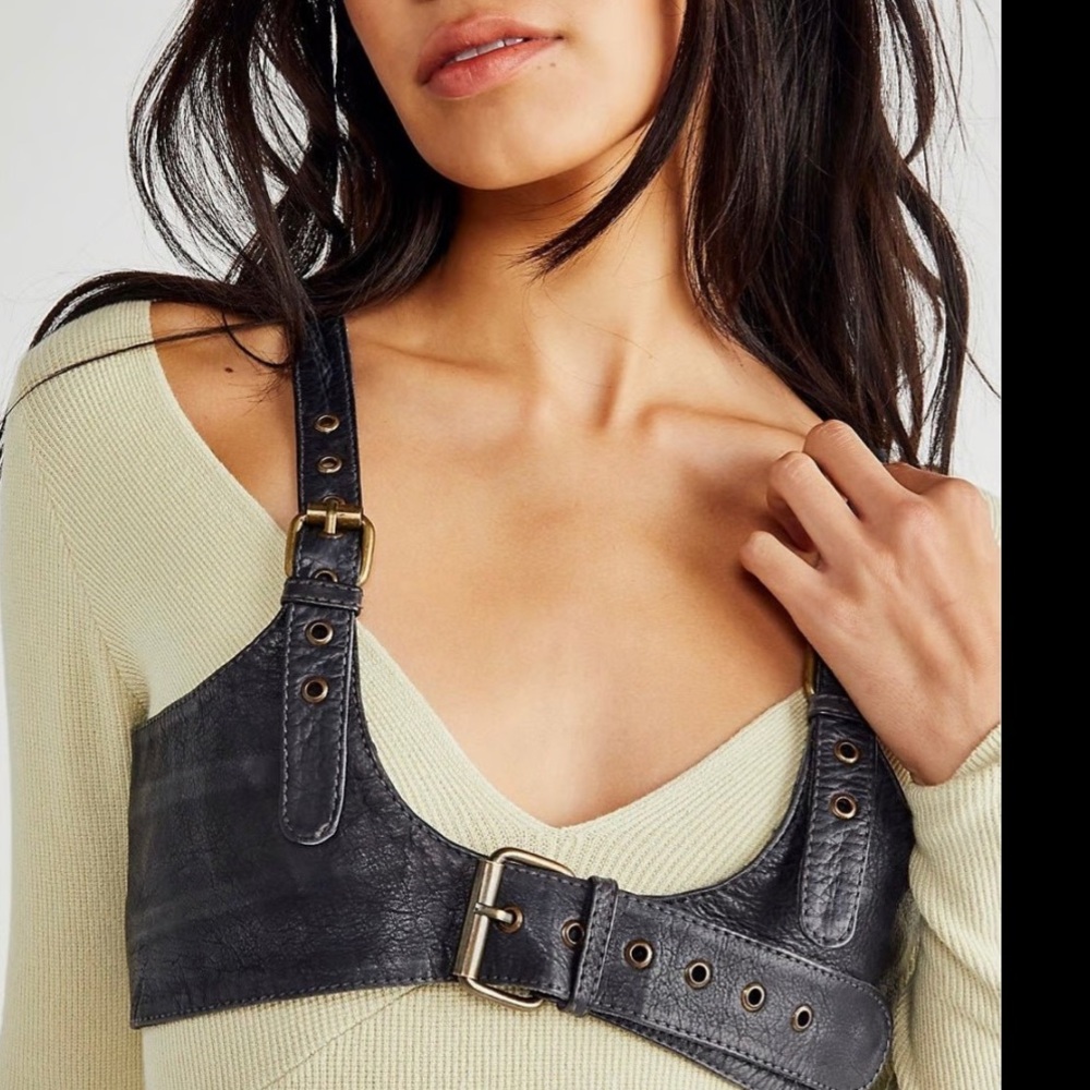 Free People Rebel Leather Harness, Edgy Black Belt with Buckle Straps, one size